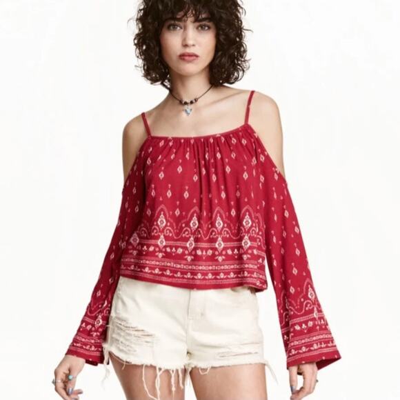 Coachella x H+M off shoulder top, Small boho red bandanna print collaboration - Picture 1 of 9
